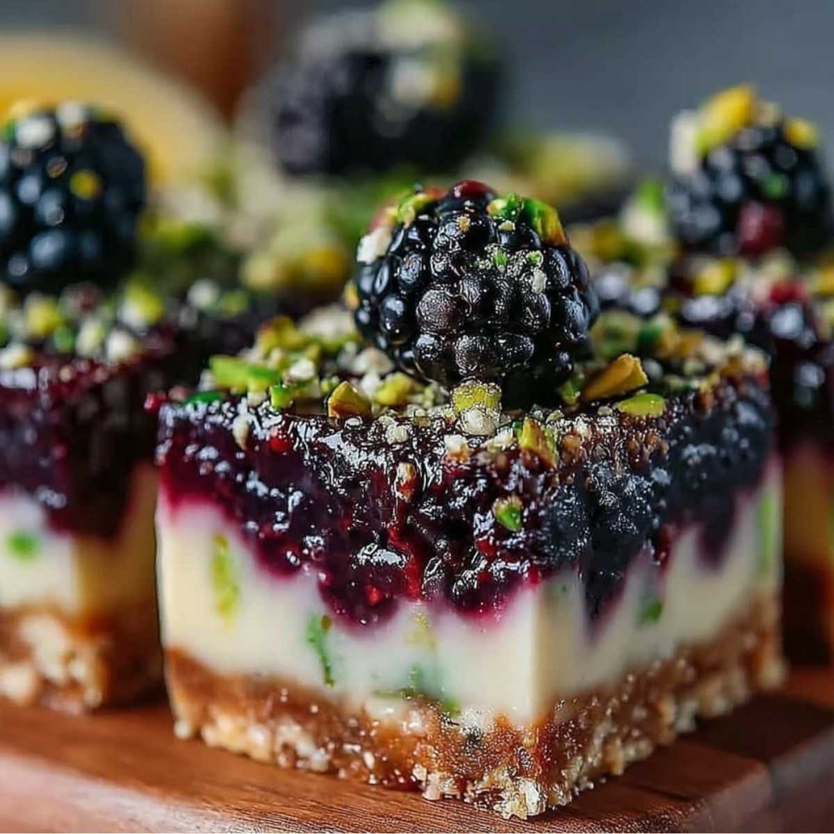 Close-up of Blackberry Pistachio Dream Bars showing crumbly crust, creamy filling with green pistachios, and vibrant berry topping, garnished with fresh blackberries.