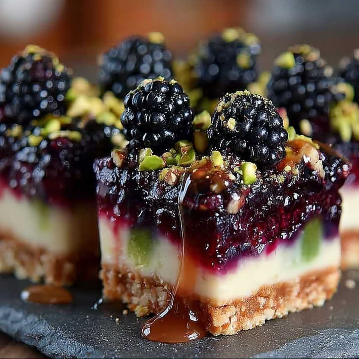 Blackberry Pistachio Dream Bars on a dark slate, showcasing distinct layers of crust, creamy filling, and blackberry topping with pistachios.