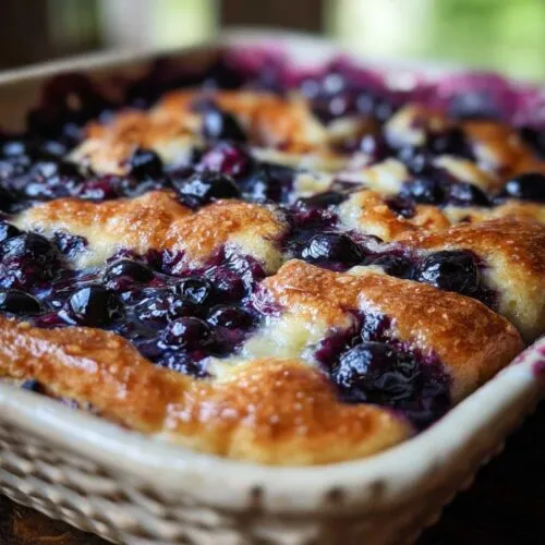 Close-up of baked Blueberry Buttermilk Pancake Casserole showing golden, fluffy texture and bursting blueberries on a wooden table.