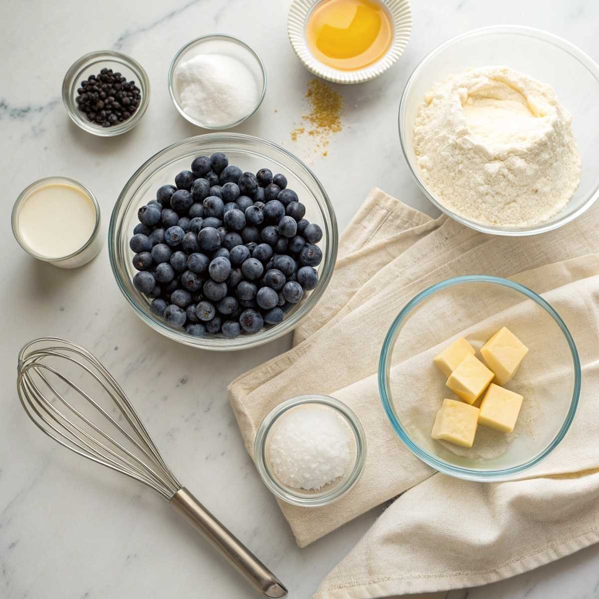 Ingredients for Blueberry Buttermilk Pancake Casserole including fresh blueberries, buttermilk, and flour on a modern marble surface.