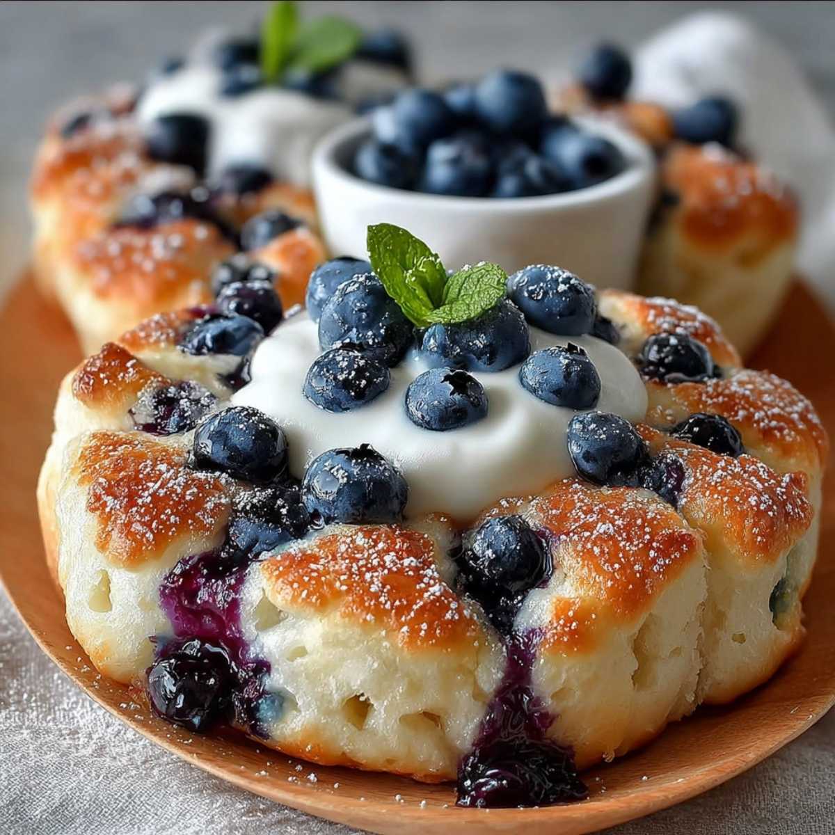 Close-up of Blueberry Cloud Bread showing a fluffy texture and golden top, garnished with fresh blueberries and cream on a wooden plate.