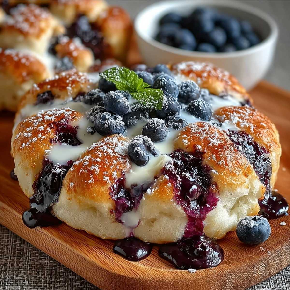 Blueberry Cloud Bread on a wooden board, showcasing its golden-brown crust, creamy glaze, and jammy blueberry topping.