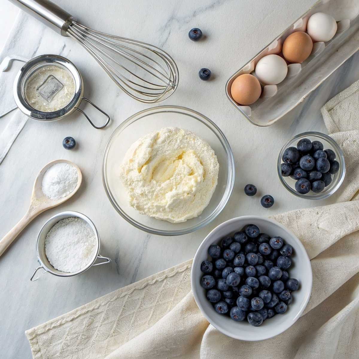 Ingredients for Blueberry Cloud Bread including cottage cheese, fresh blueberries, and eggs arranged on a modern marble surface."