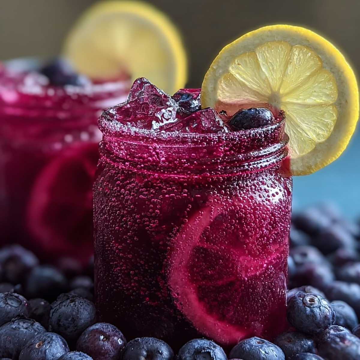 Close-up of sparkling Blueberry Lemonade showing fizzy texture and deep purple color, garnished with a lemon slice and fresh blueberries.
