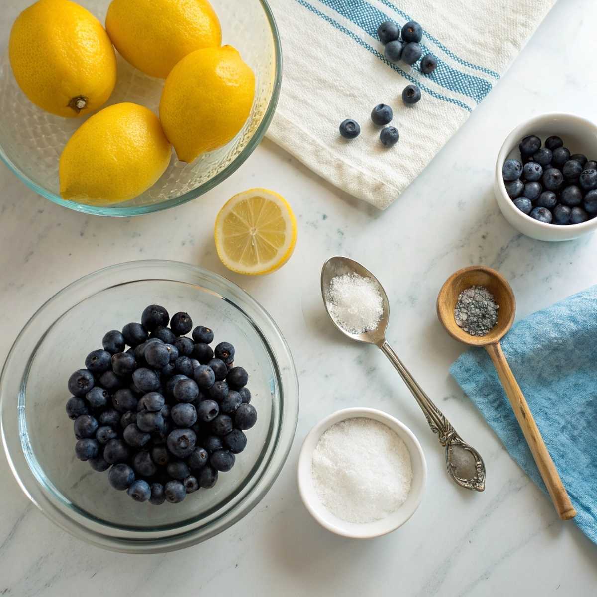 Fresh ingredients for Blueberry Lemonade including fresh blueberries, lemons, and granulated sugar arranged on a modern marble surface.