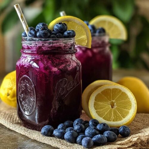 Blueberry Lemonade in a mason jar on a rustic surface, showcasing its vibrant purple color with fresh blueberries and lemon slices.