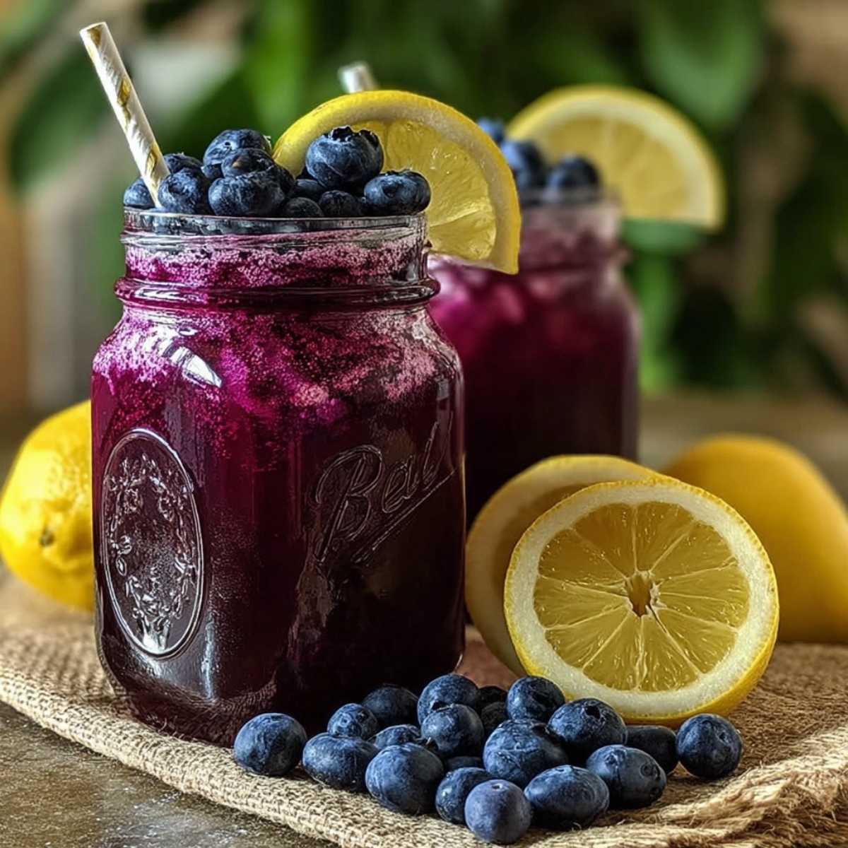 Blueberry Lemonade in a mason jar on a rustic surface, showcasing its vibrant purple color with fresh blueberries and lemon slices.