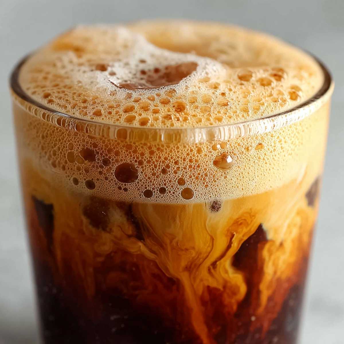 Close-up of a Brown Sugar Shaken Espresso showing its frothy foam and swirling layers, garnished with brown sugar crystals on a marble surface.