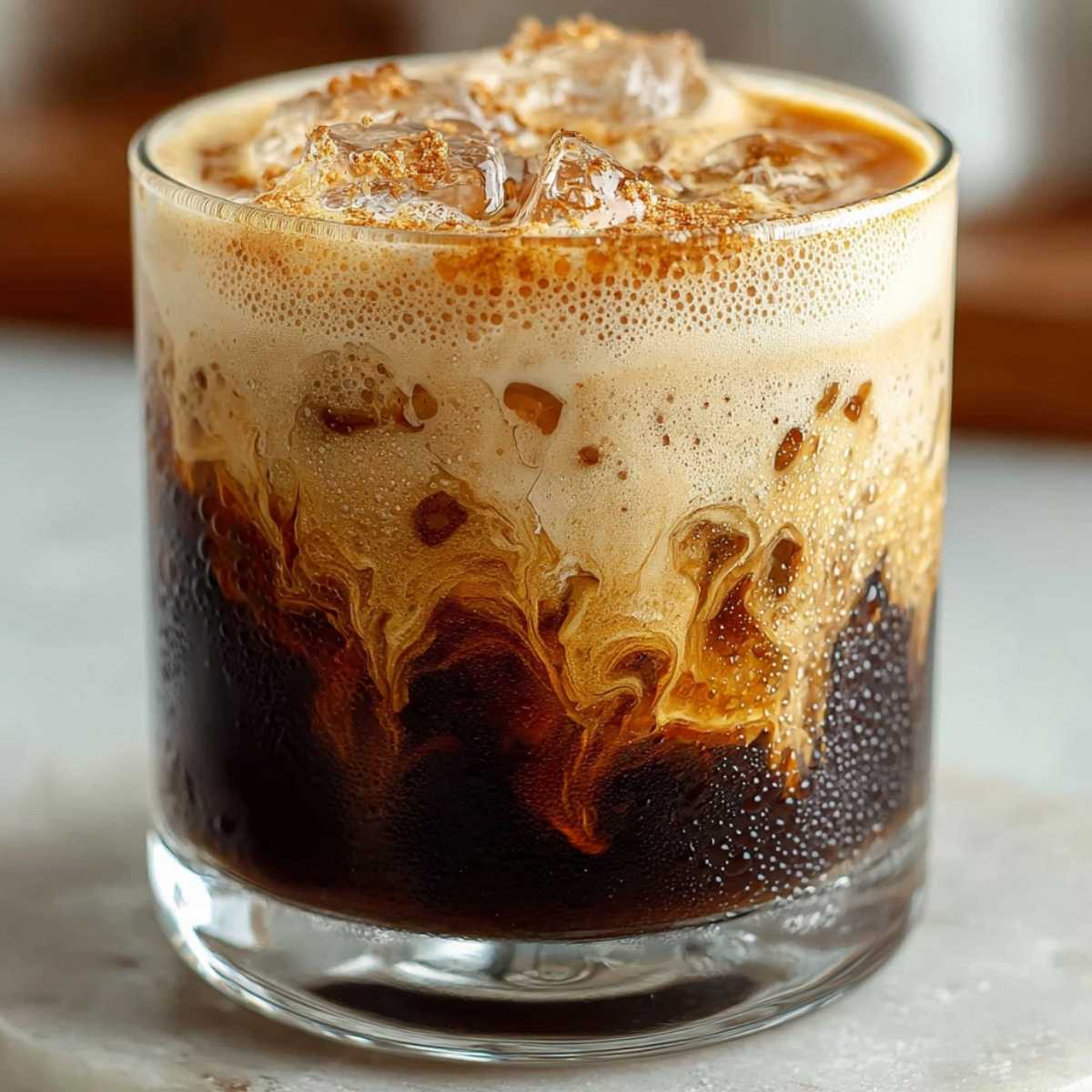Brown Sugar Shaken Espresso on a modern marble countertop, showcasing its frothy texture with layers of dark coffee and creamy foam.