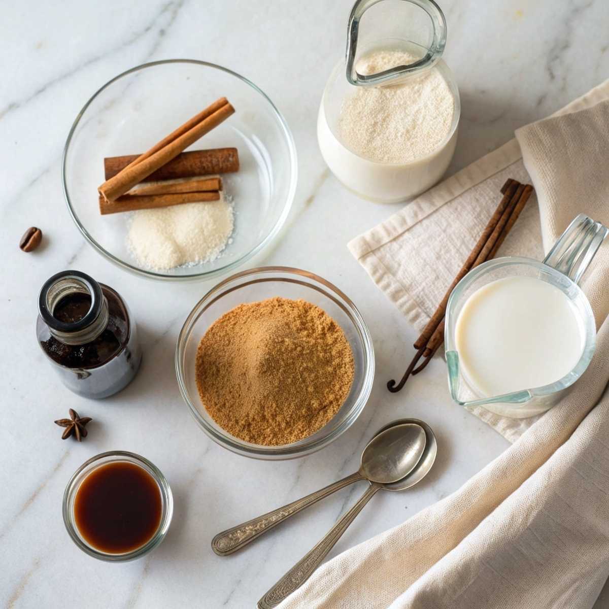 Fresh ingredients for Brown Sugar Shaken Espresso including brown sugar, espresso shots, and cinnamon sticks arranged on a marble surface.