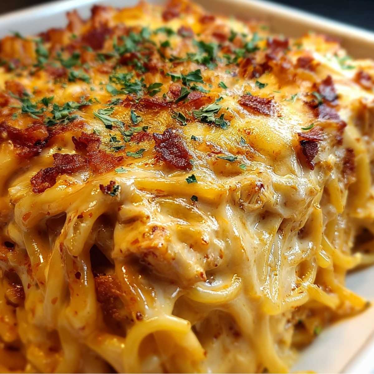 Close-up of Cheesy Chicken Spaghetti showing golden melted cheese, crispy bacon bits, and fresh parsley on top.