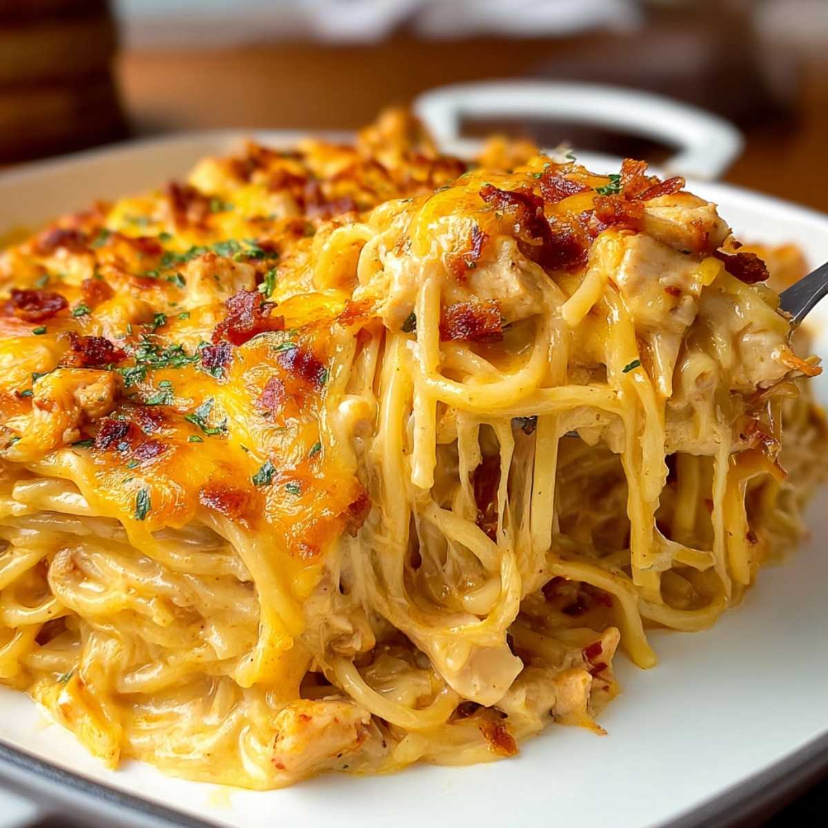 Cheesy Chicken Spaghetti on a white plate, showcasing its golden melted cheese, tender chicken, and creamy spaghetti with a serving spoon.