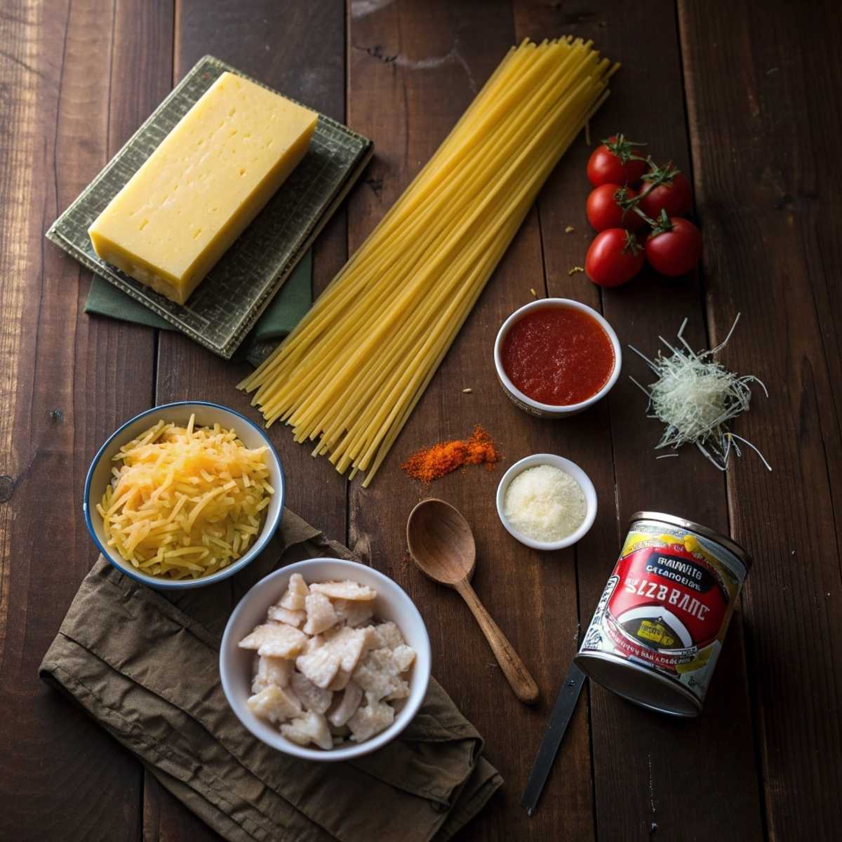 Ingredients for Cheesy Chicken Spaghetti including Velveeta, Rotel, and spaghetti noodles on a dark wood tabletop.