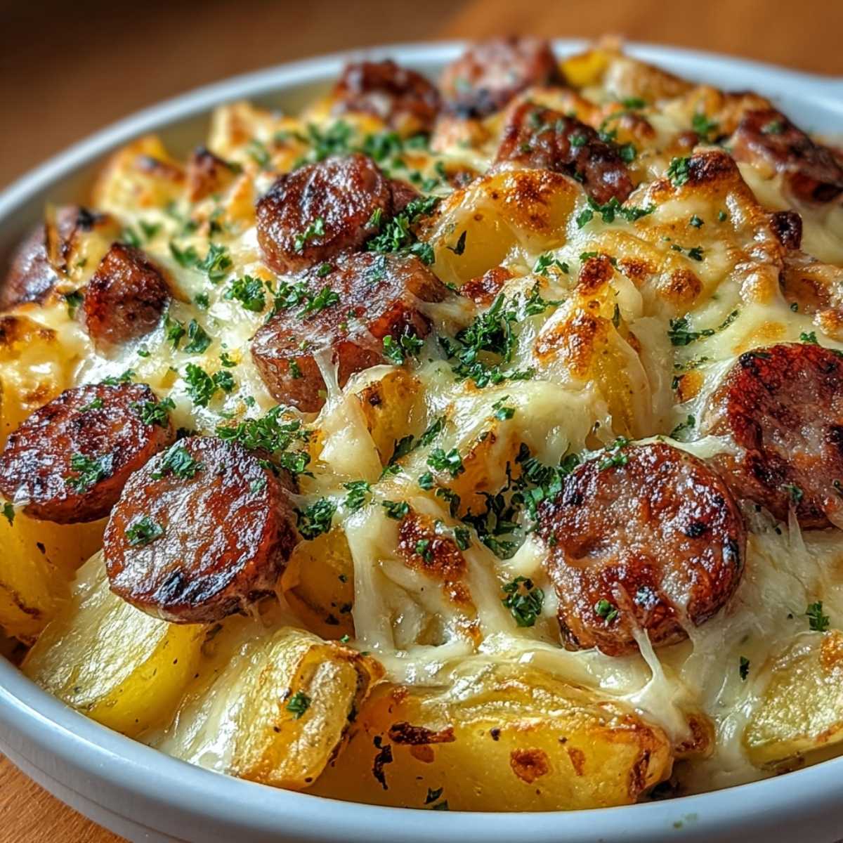Close-up of Cheesy Ranch Potatoes and Sausage showing bubbling cheese and crispy browned sausage, garnished with fresh parsley on a white baking dish