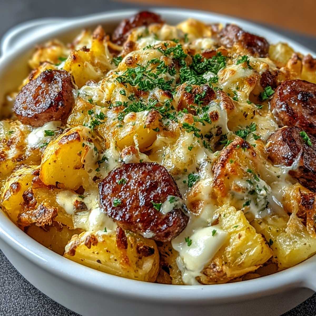 Cheesy Ranch Potatoes and Sausage in a white baking dish, showcasing its golden bubbly cheese, tender potatoes, and perfectly browned sausage rounds.