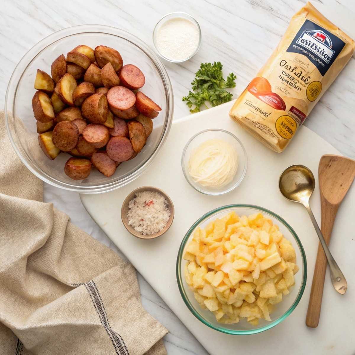 Fresh ingredients for Cheesy Ranch Potatoes and Sausage including russet potatoes, smoked sausage, and cheddar cheese arranged on a modern marble surface