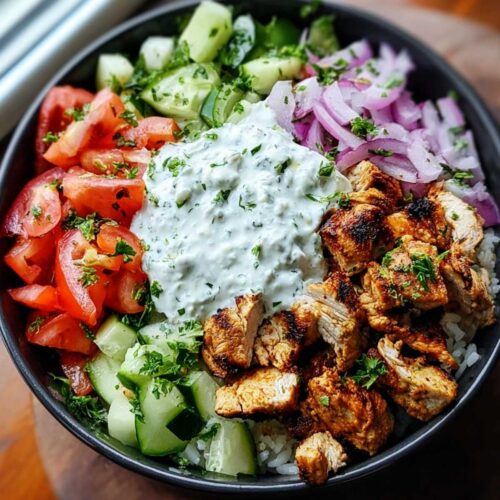 Close-up of Chicken Gyro Bowls showing charred chicken and creamy white tzatziki, garnished with fresh parsley on a dark ceramic bowl.