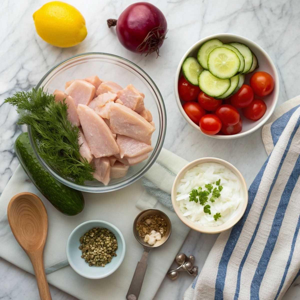 Fresh ingredients for Chicken Gyro Bowls including raw chicken, Greek yogurt, cucumber, and dill arranged on a modern marble surface.