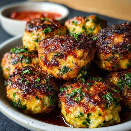 Close-up of chicken meatballs showing a juicy, textured crumb and browned crust, garnished with parsley in a rustic bowl.