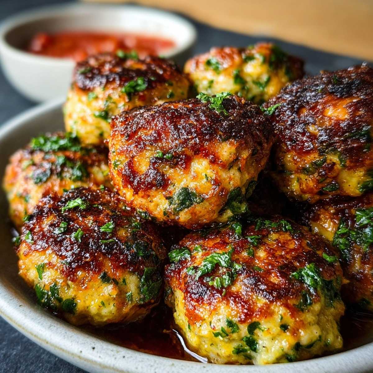 Close-up of chicken meatballs showing a juicy, textured crumb and browned crust, garnished with parsley in a rustic bowl.