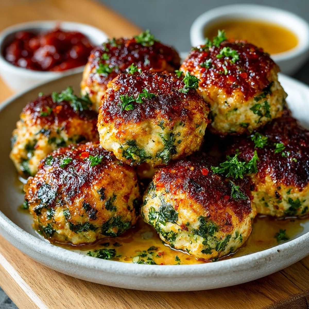 Juicy baked chicken meatballs on a white plate, showcasing their golden-brown tops and fresh parsley garnish.