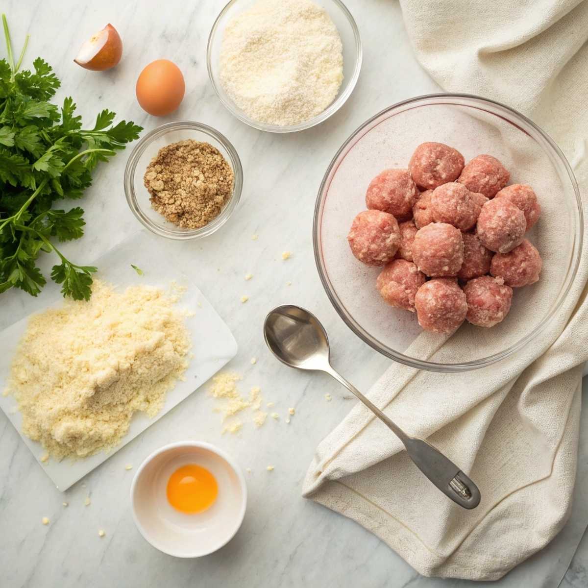 Ingredients for chicken meatballs including ground chicken, panko breadcrumbs, and parmesan cheese on a white marble countertop.