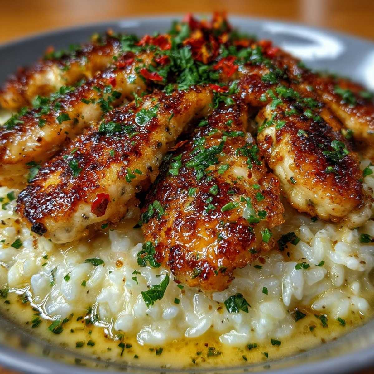 Close-up of Chicken Scampi with Parmesan Rice, with golden chicken and creamy rice garnished with fresh parsley in a grey bowl.