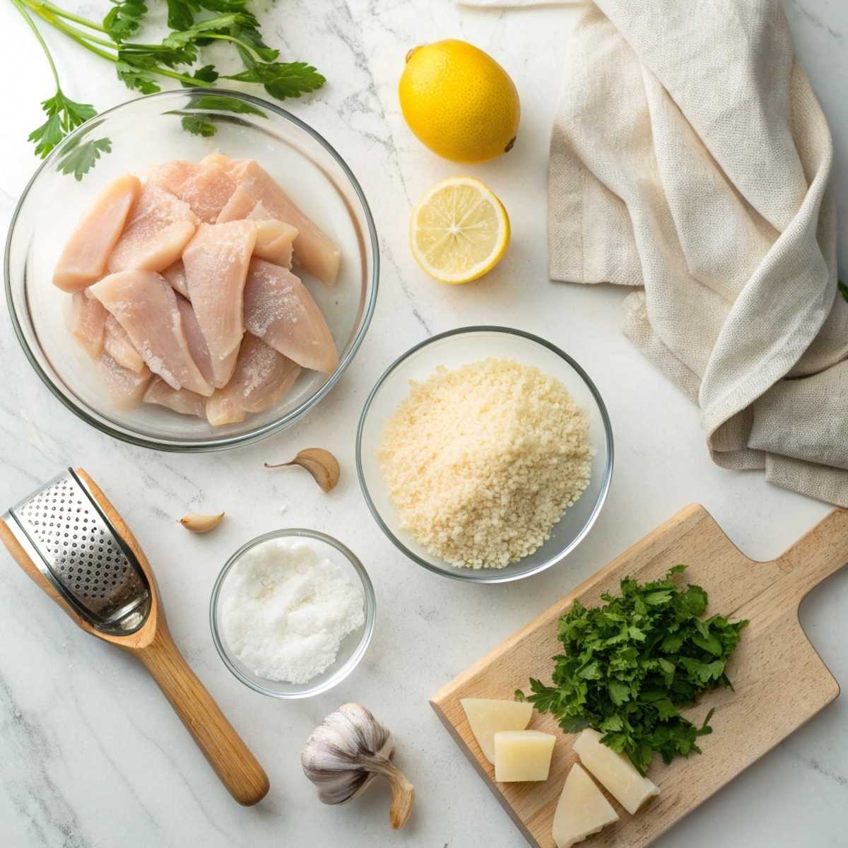 Fresh ingredients for Chicken Scampi with Parmesan Rice including chicken, parmesan, garlic, and rice arranged on a marble surface.
