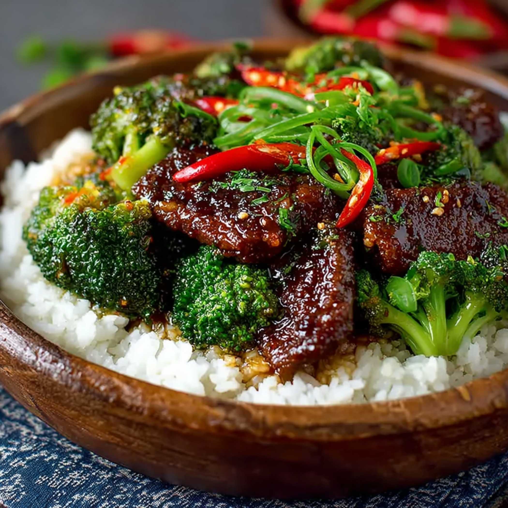 Close-up of Chinese Beef and Broccoli showing the glossy sauce on tender beef, garnished with red chilis in a wooden bowl.