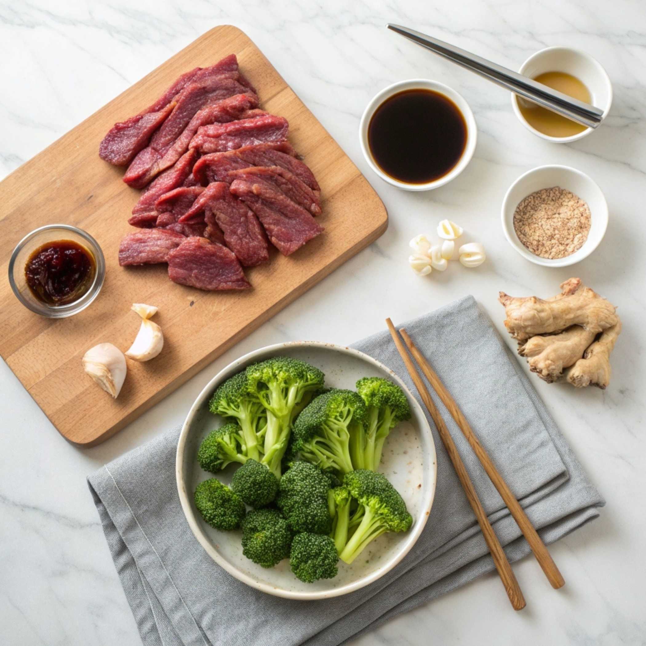 Fresh ingredients for Chinese Beef and Broccoli including sliced flank steak, broccoli florets, and soy sauce on a modern marble surface