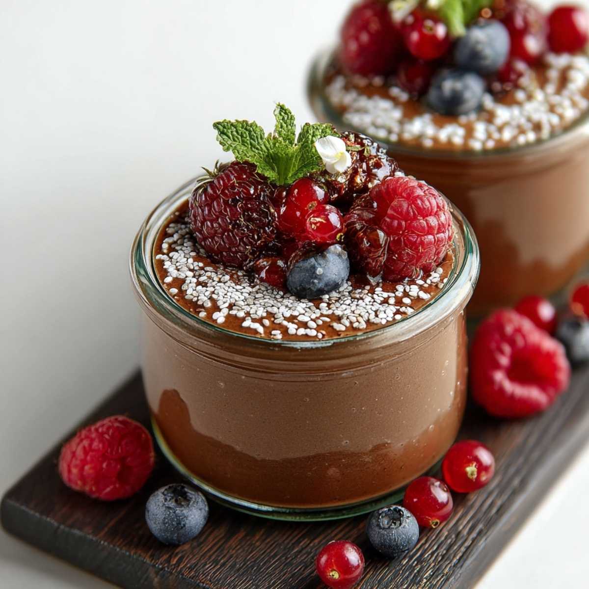 Chocolate Chia Pudding in a glass jar, showcasing its smooth creamy texture and topped with fresh berries and white chia seeds