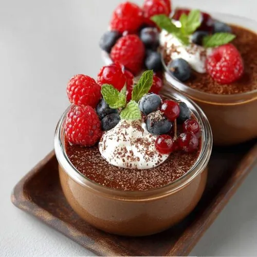 Close-up of Chocolate Chia Pudding showing its smooth texture and rich brown color, garnished with fresh berries and a dollop of cream