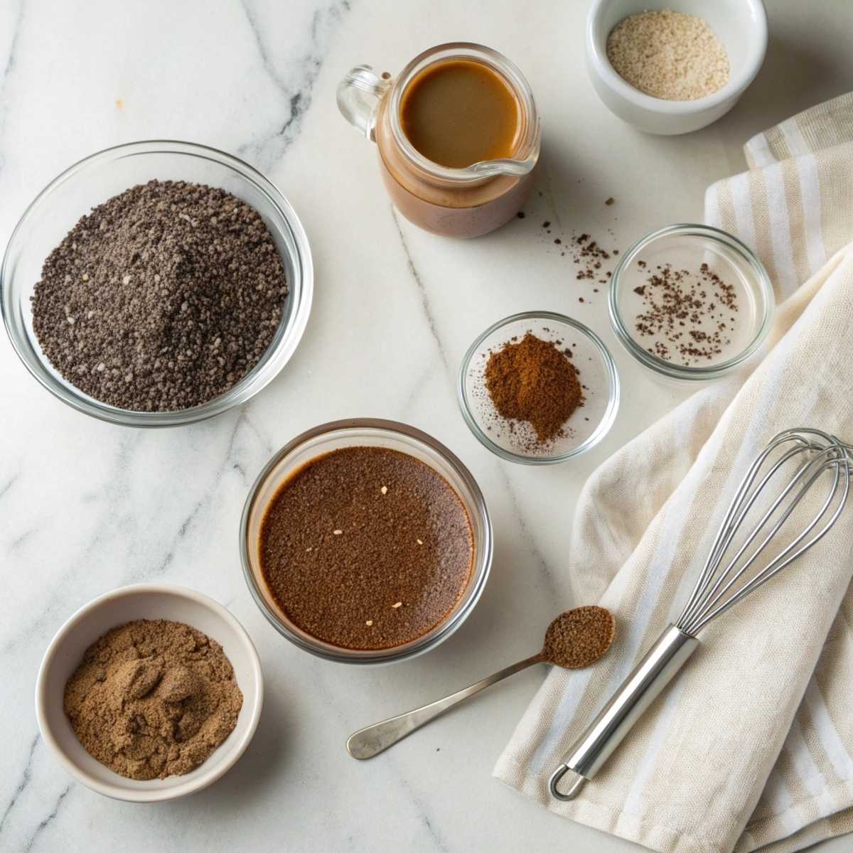 Fresh ingredients for Chocolate Chia Pudding including chia seeds, unsweetened cocoa powder, and almond milk arranged on a modern marble surface
