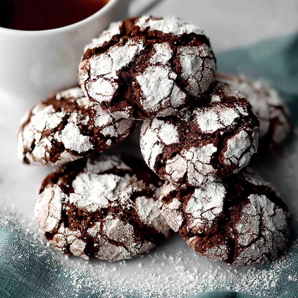 A stack of Chocolate Crinkle Cookies on a blue napkin, showcasing their signature cracked powdered sugar tops and rich chocolate interior.