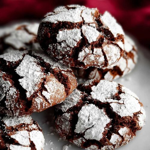 Close-up of fudgy Chocolate Crinkle Cookies showing deep cracks and dark brown color, heavily dusted with powdered sugar on a white plate.