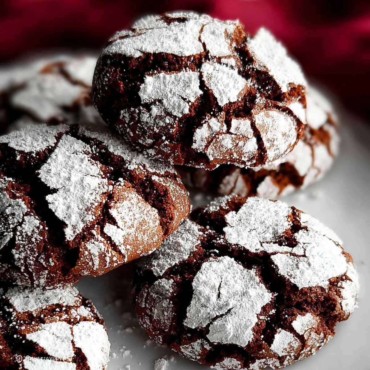 Close-up of fudgy Chocolate Crinkle Cookies showing deep cracks and dark brown color, heavily dusted with powdered sugar on a white plate.