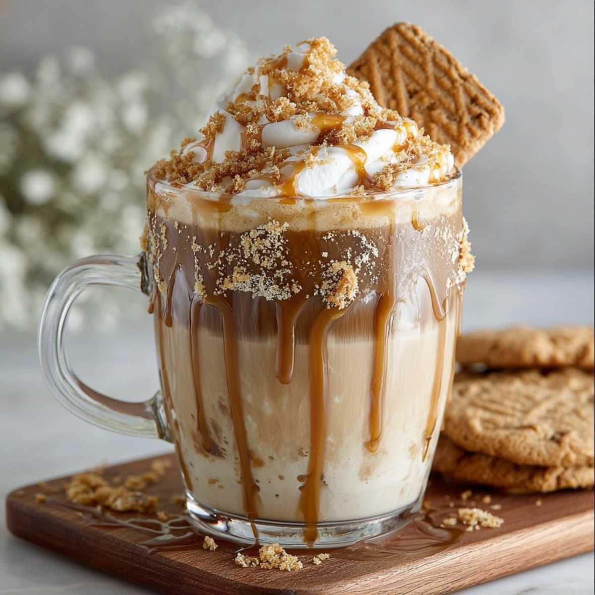 Close-up of an Iced Cookie Butter Latte showing creamy layers and caramel drips, garnished with whipped cream and Biscoff cookie crumbs in a glass mug