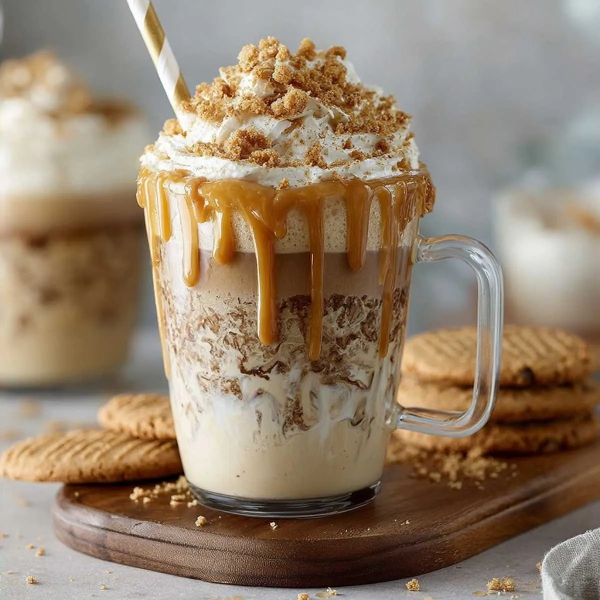 Iced Cookie Butter Latte in a clear mug, topped with whipped cream, caramel drizzle, and crushed cookies, with cookies on a wooden board.