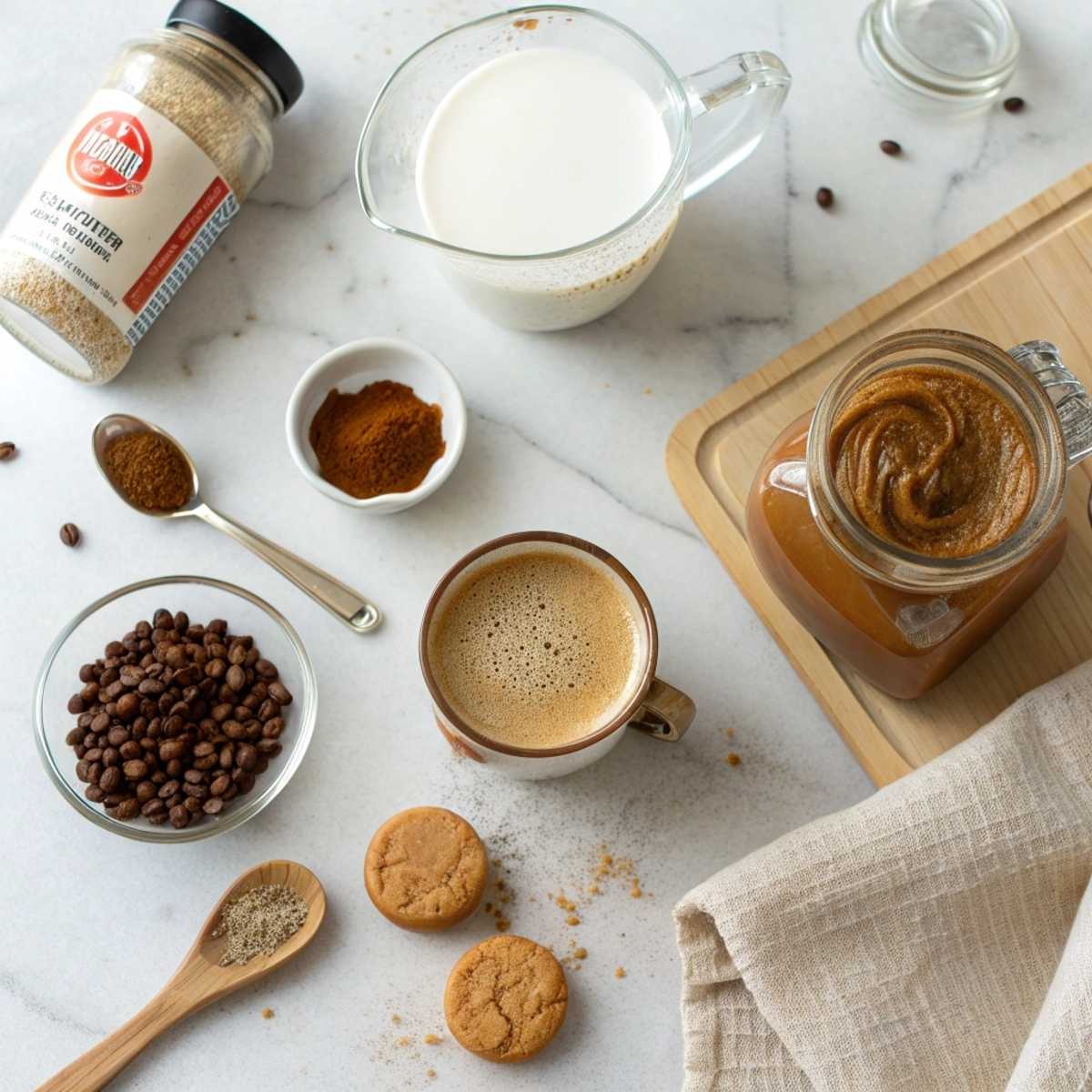 Fresh ingredients for Cookie Butter Latte including Biscoff spread, milk, and espresso arranged on a modern marble surface