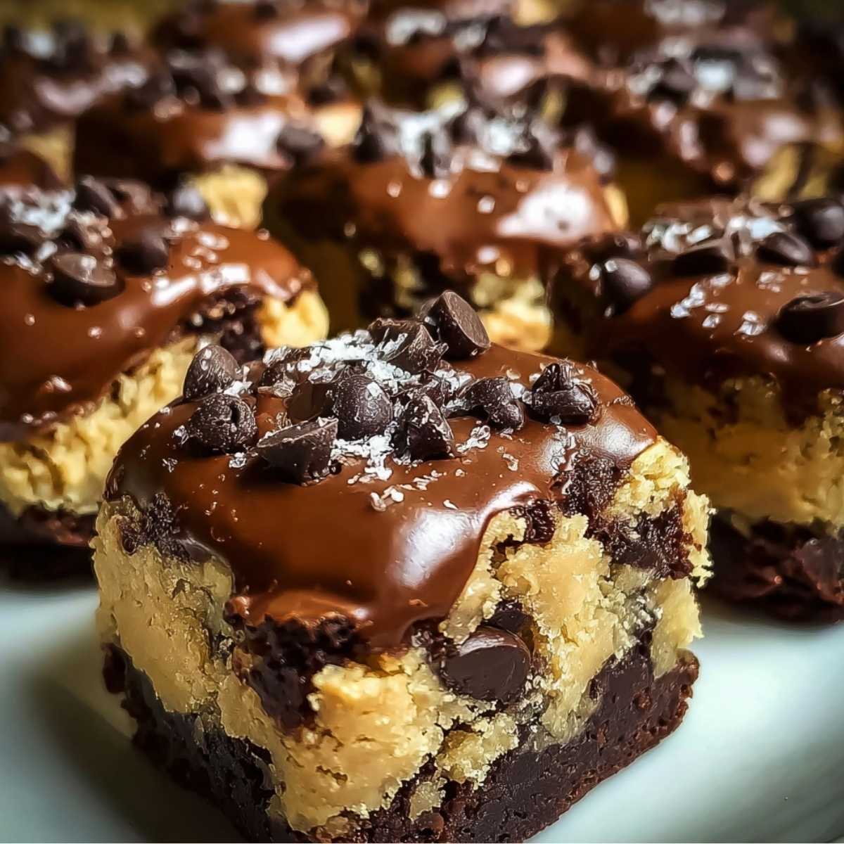 Close-up of cookie dough brownie bites showing fudgy brownie and cookie dough layers, topped with ganache and flaky sea salt.