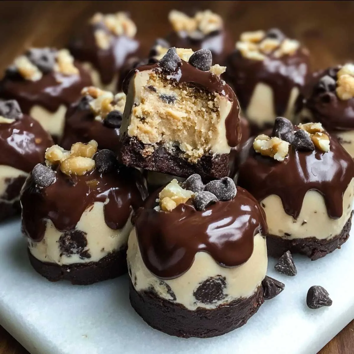 Chocolate Chip Cookie Dough Brownie Bites on a marble slab, showcasing the cookie dough center with chocolate ganache and walnuts.