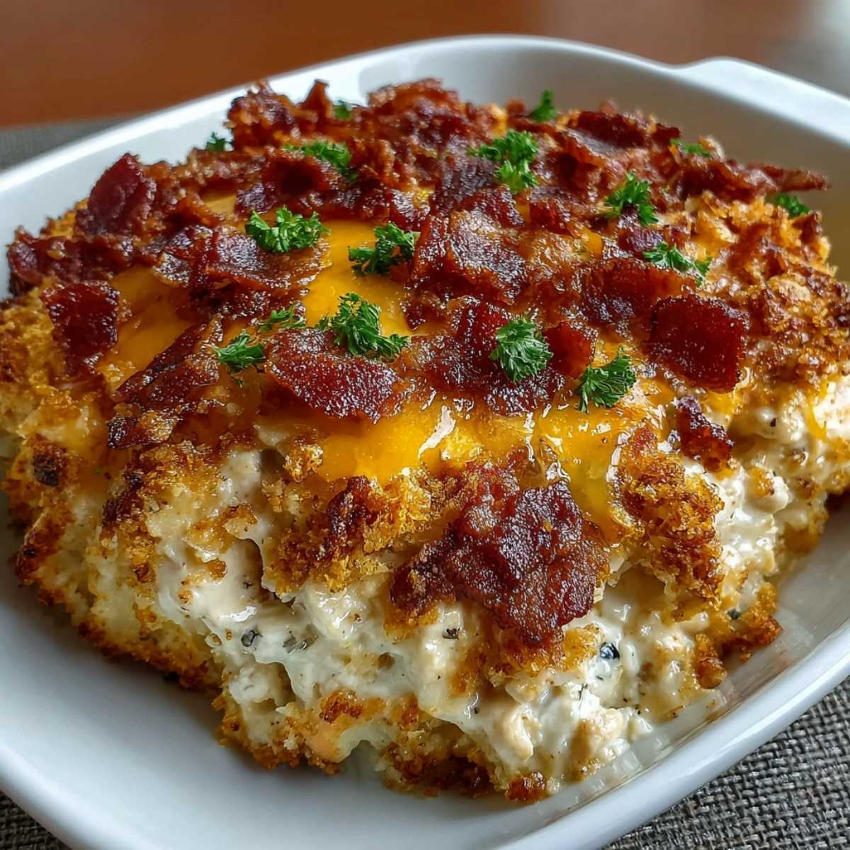 Close-up of Crack Chicken Casserole showing its creamy interior, golden topping, and garnished with bacon and green onions