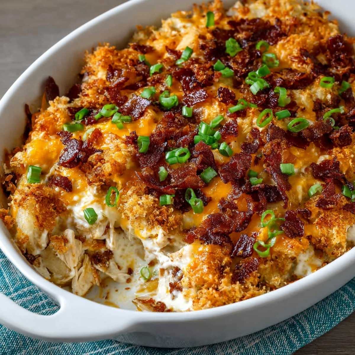Crack Chicken Casserole in a white baking dish, showcasing its golden crispy topping, melted cheddar, bacon, and green onions