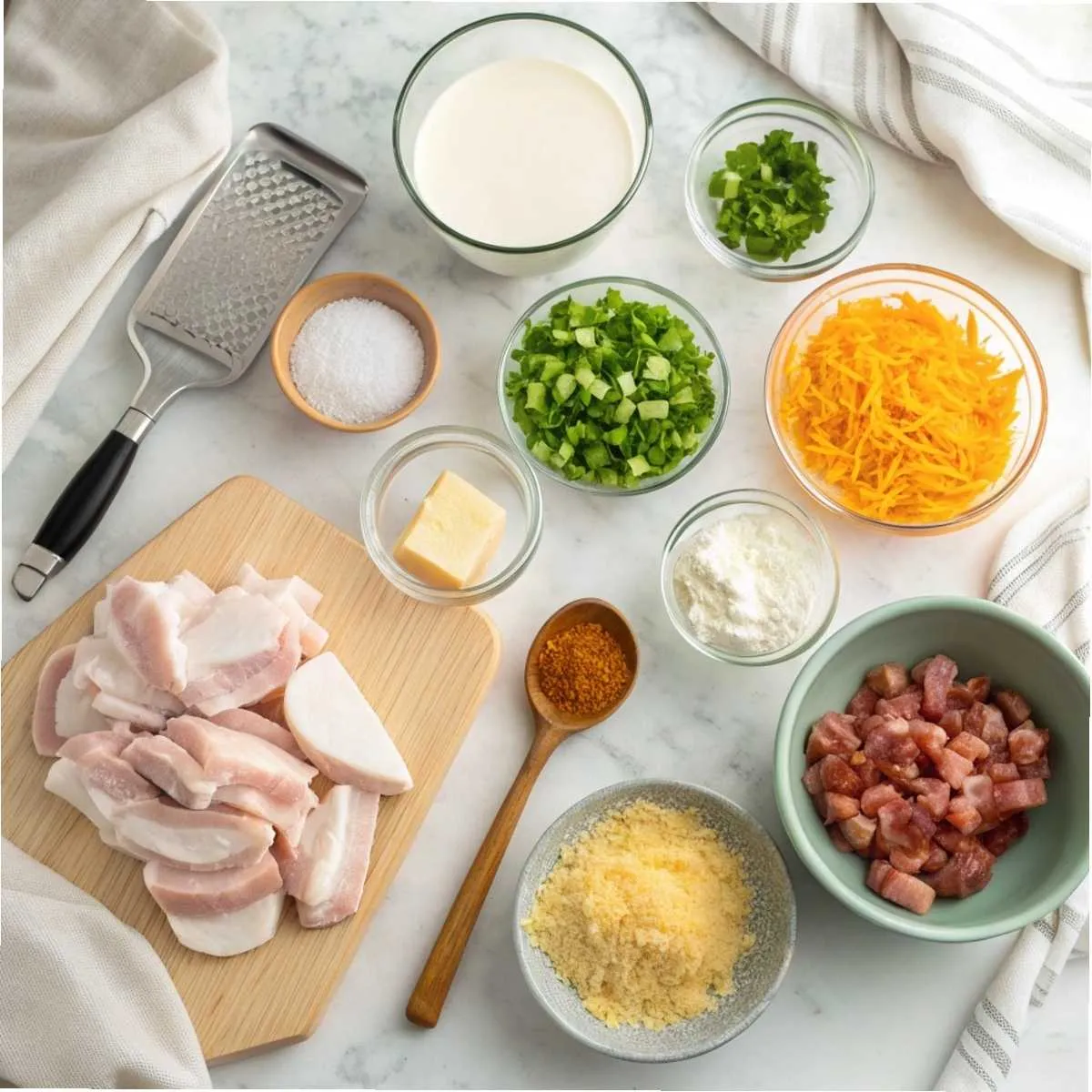 Ingredients for Crack Chicken Casserole including chicken, bacon, cream cheese, and ranch seasoning arranged on a marble surface