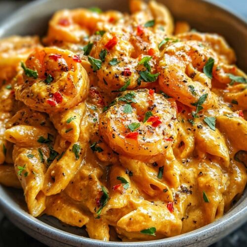 Close-up of Creamy Cajun Shrimp Pasta showing the rich, thick sauce coating penne and shrimp, garnished with fresh parsley.