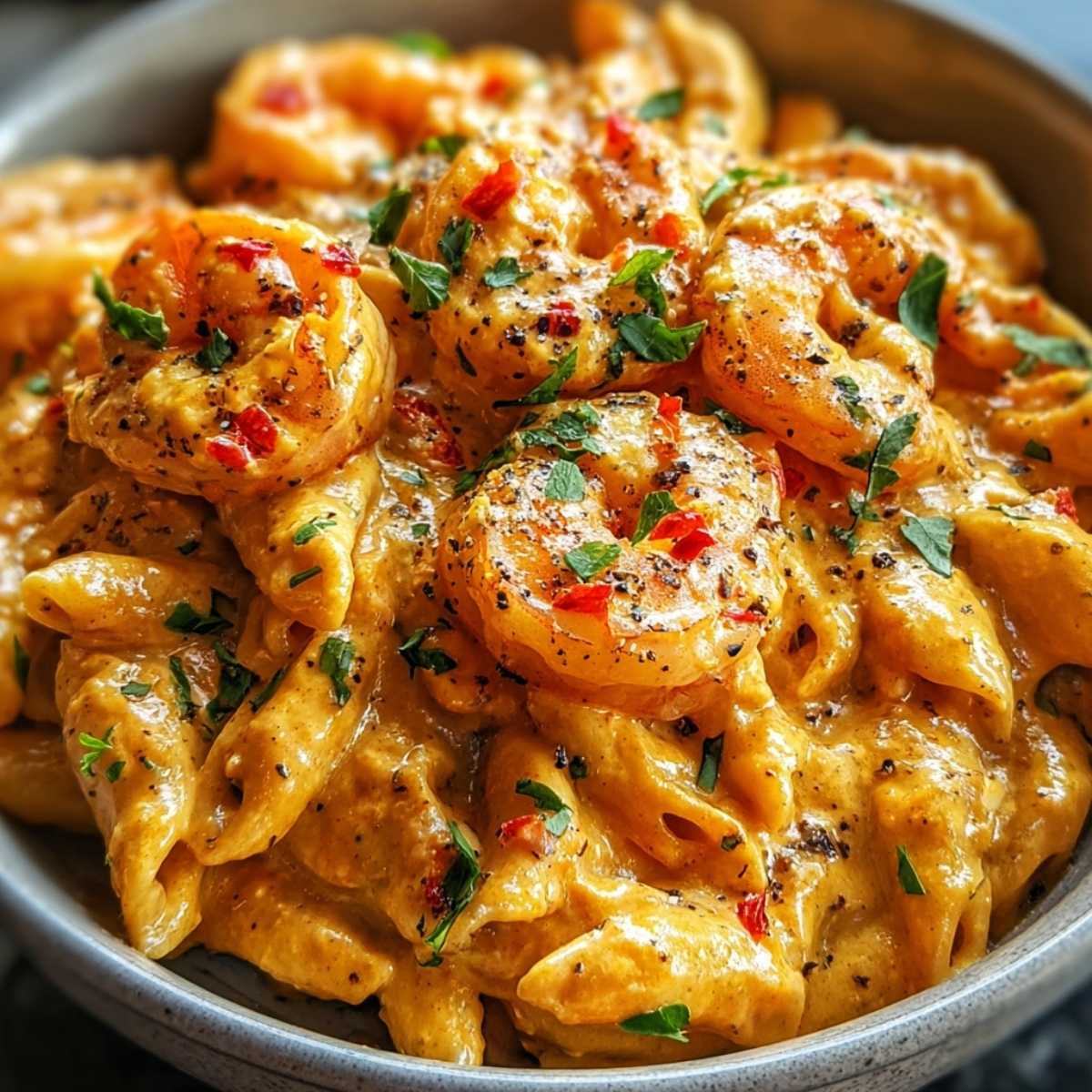 Close-up of Creamy Cajun Shrimp Pasta showing the rich, thick sauce coating penne and shrimp, garnished with fresh parsley.
