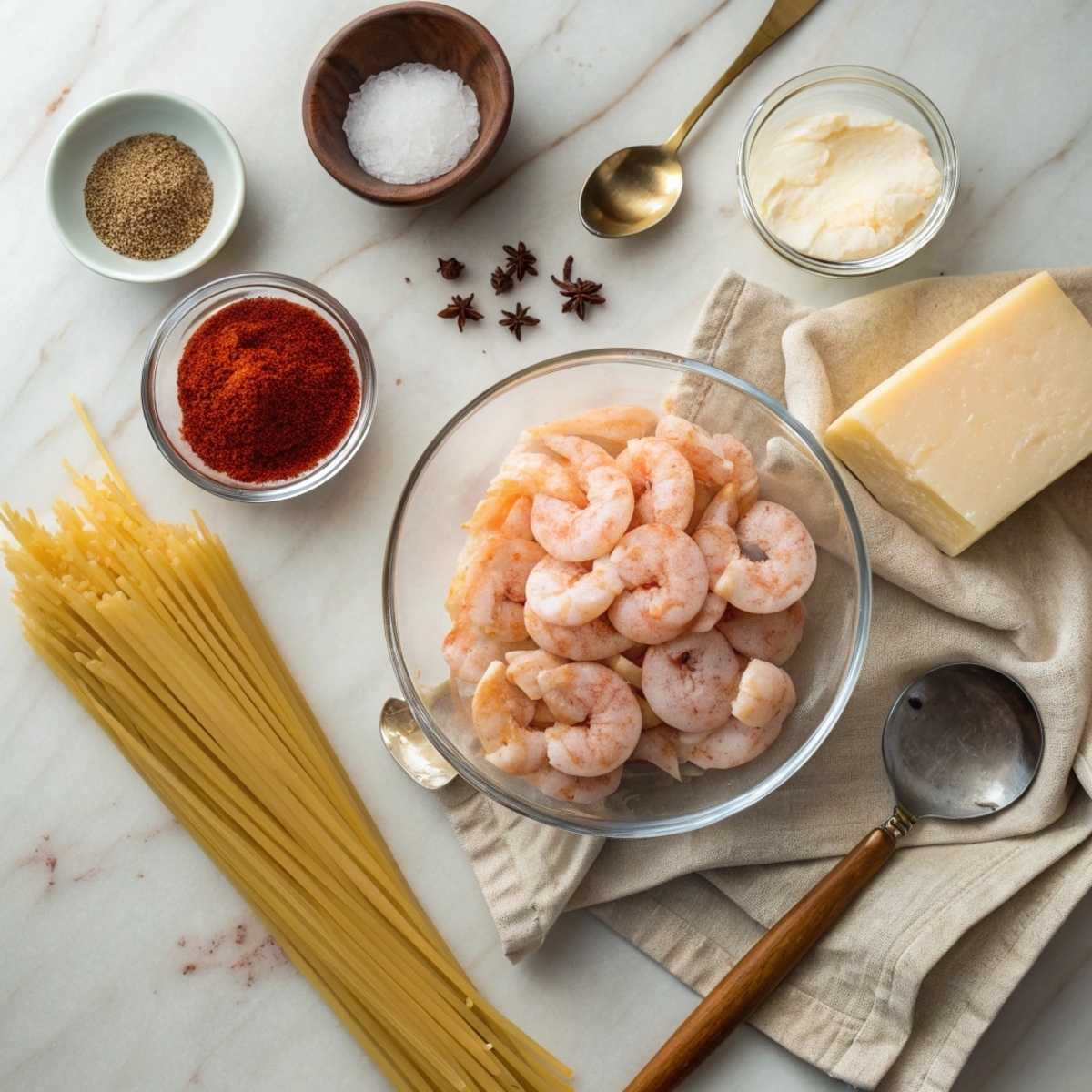 Ingredients for Creamy Cajun Shrimp Pasta including raw shrimp, fettuccine, and Cajun spices laid out on a modern marble surface.