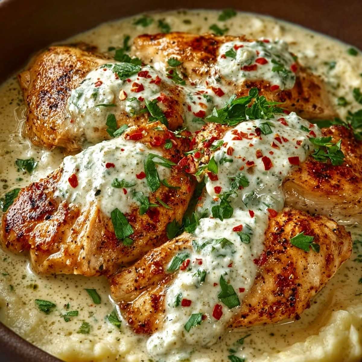 Close-up of Creamy Crock Pot Ranch Chicken showing golden-brown chicken in a rich, creamy sauce, garnished with parsley and red pepper flakes