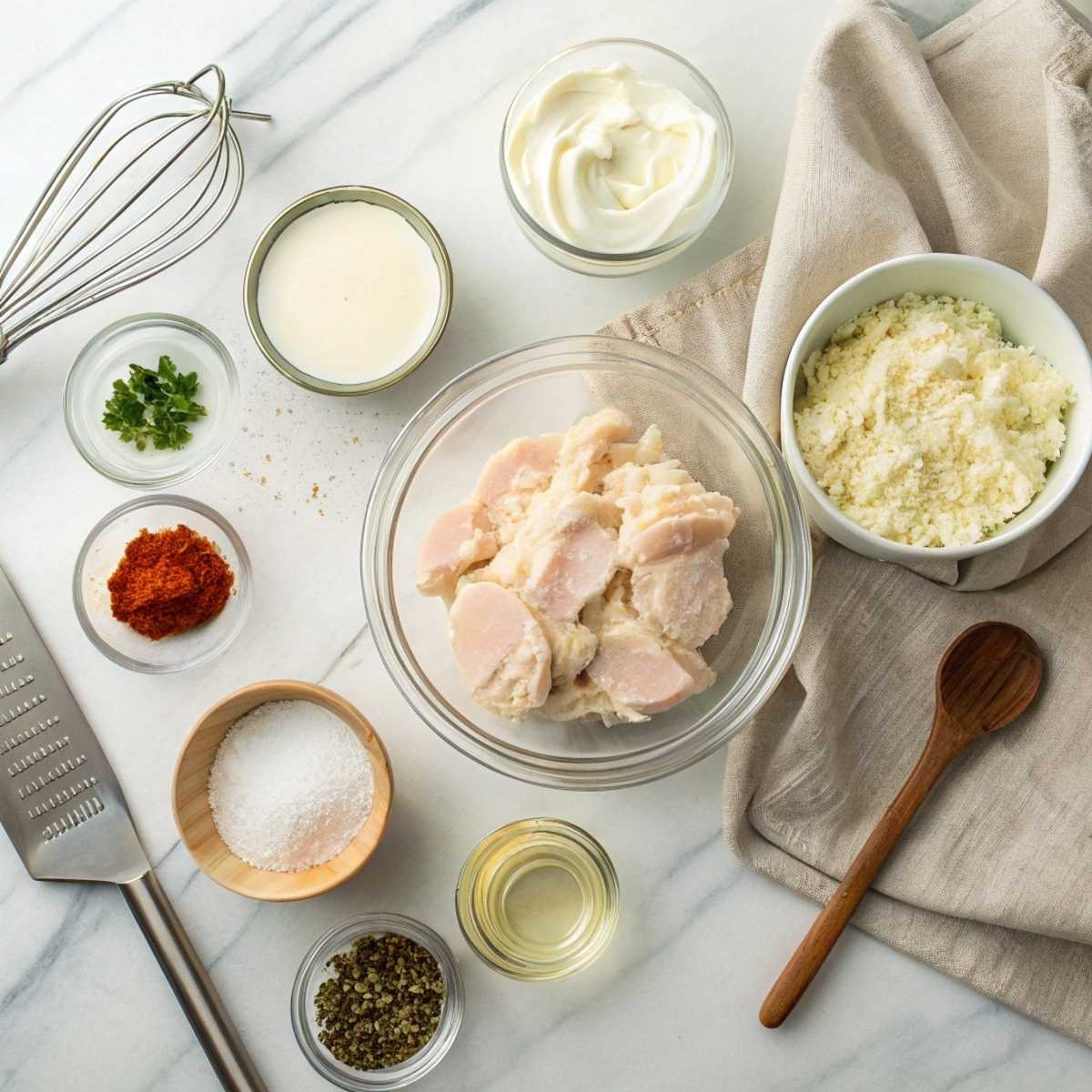 Fresh ingredients for Creamy Crock Pot Ranch Chicken including chicken breasts, ranch mix, and cream cheese arranged on a modern marble surface