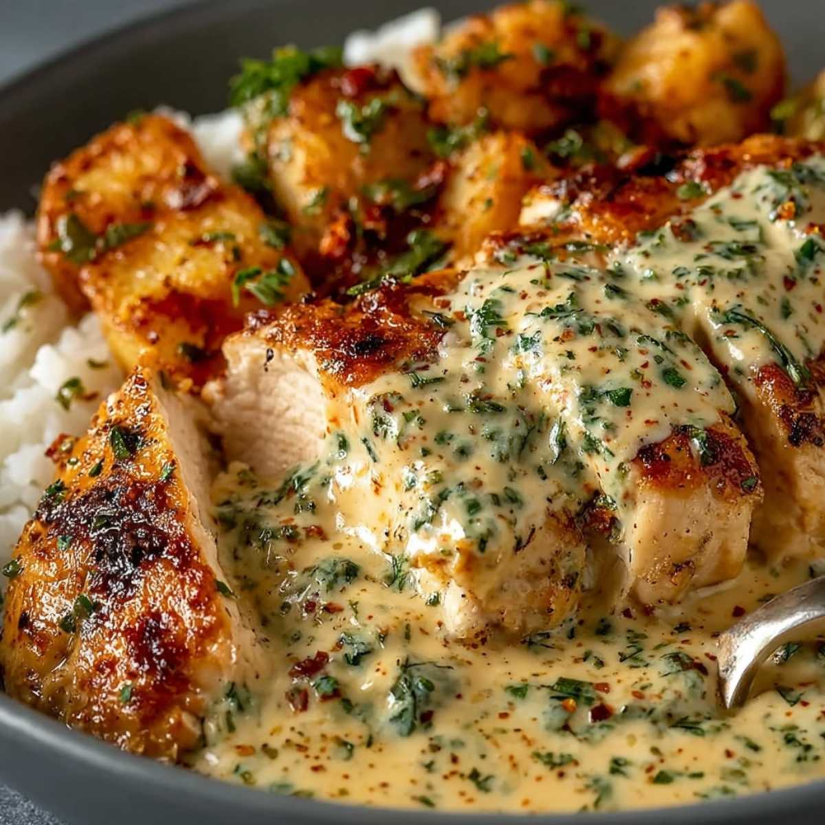 Creamy Crock Pot Ranch Chicken on a modern gray plate, showcasing its tender chicken and rich, herby cream sauce over white rice and roasted potatoes.